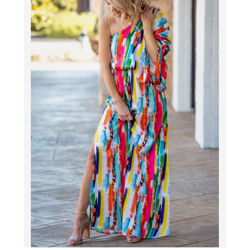 Judith March Teggy One Shoulder Maxi Dress Womens L Abstract Colorful Vacation